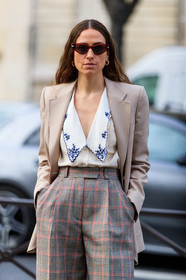 erika boldrin, light beige jacket, white shirt, checked pants, grey pants, red pants, plaid pants, high waist pants, low necked shirt, floral embroidered shirt, floral embroidered collar, red sunglasses, butterfly sunglasses, bottega veneta sunglasses, miu miu look, miu miu pants, miu miu shirt, golden earrings, hoop earrings, fashion week, frenchystyle, FW, jonathan paciullo, street style, PFW, PARIS, vertical, atmosphere details, detail