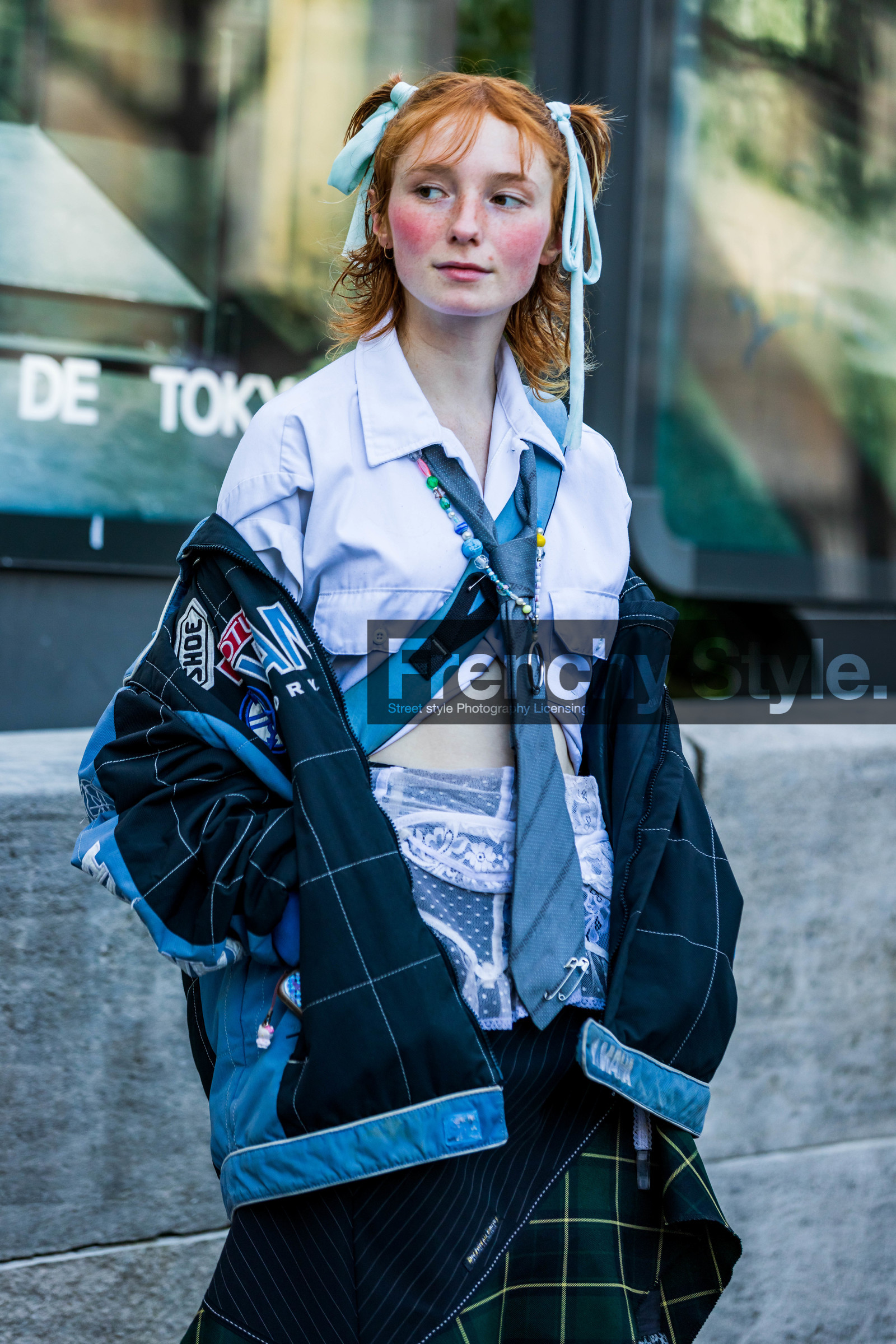 bead necklace, blue jacket, blue tie, blush, checked jacket, checked skirt, green skirt, hairstyle, jacket, lace, makeup, patchwork, pony tail, print, printed jacket, printed skirt, printed tie, ruggles, skirt, smartphone, sock, tartan skirt, tie, white shirt, fashion week, frenchystyle, FW, jonathan paciullo, street style, PFW, PARIS, SPRING SUMMER 2022, SS 22, vertical, atmosphere details