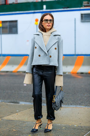 beige sweater, black bag, black pants, black shoes, christian dior, evangelie smyrniotaki, graphic bag, grey jacket, high heels, hood, leather bag, leather pants, leather shoes, monogram, printed bag, saddle bag, sunglasses, trousers, street style, jonathan paciullo, FW, frenchystyle, fashion week, NYFW, NEW YORK, SPRING SUMMER 2019, SS 19, vertical, full length