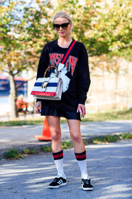 adidas, black dress, black sneakers, black sweater, céline, earrings, fashion week, frenchystyle, full length, FW, geometric, graphic bag, gucci, high socks, iphone, jonathan paciullo, leather bag, NEW YORK, NYFW, SPRING SUMMER 2017, SS 17, street style, striped bag, sunglasses, vertical, white bag, white socks, woman