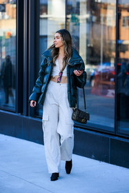puffy jacket, black winter jacket, puffy winter look, fendi handbag, baguette fendi bag, striped black and white pants, cargo pants, black jacket, pink sunglasses, white cropped top, fashion week, frenchystyle, FW, jonathan paciullo, street style, NYFW, NEW YORK, AUTUMN WINTER 2022-2023, FALL WINTER 2022_2023, FW 22-23, vertical, full length