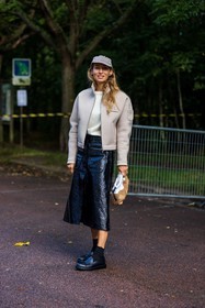 Alexandra Golovanoff, bicolor bag, bicolor pouch, black loafers, black mocassins, black skirt, black socks, camel pouch, cap, courreges jacket, grey cap, grey jacket, jacket, leather pouch, leather skirt, loafers, long skirt, mocassins, patent skirt, pouch, skirt, white jumper, white knitwear, white pouch, street style, jonathan paciullo, FW, frenchystyle, fashion week, PFW, PARIS, SPRING SUMMER 2022, SS 22, vertical, full length