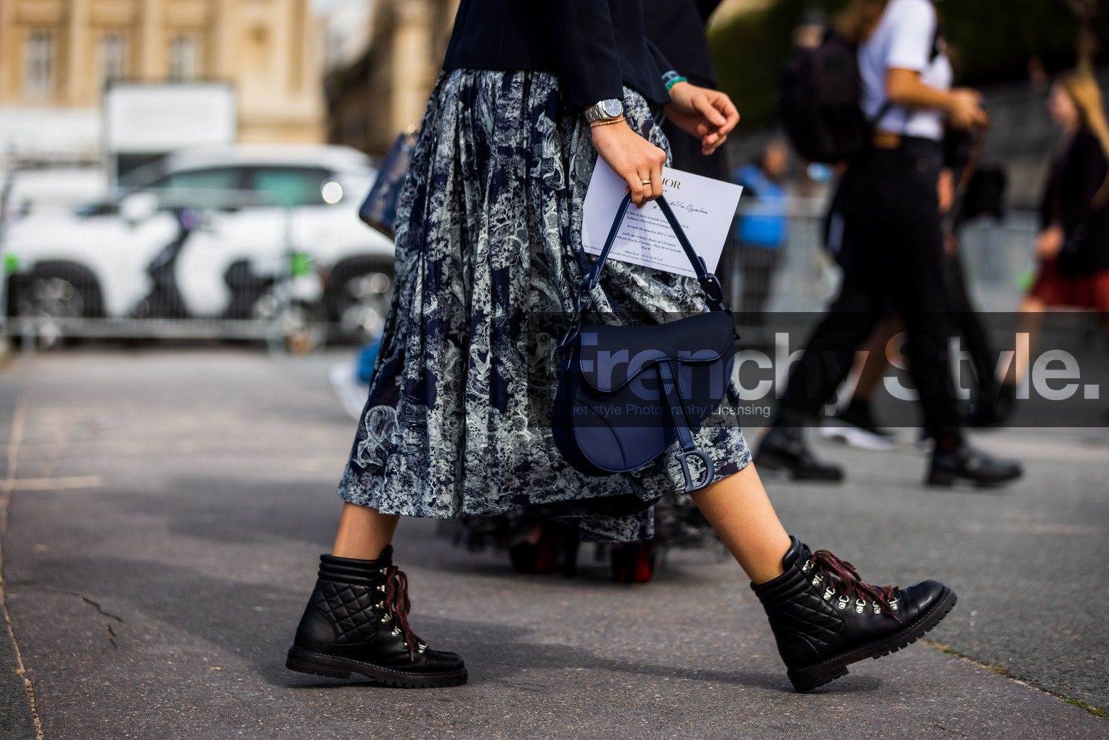 bag, black boots, boots, dior bag, leather boots, navy bag, navy skirt, print, printed skirt, quilted boots, saddle bag, silver watch, skirt, watch, fashion week, frenchystyle, FW, jonathan paciullo, street style, PFW, PARIS, SPRING SUMMER 2022, SS 22, horizontal, atmosphere details