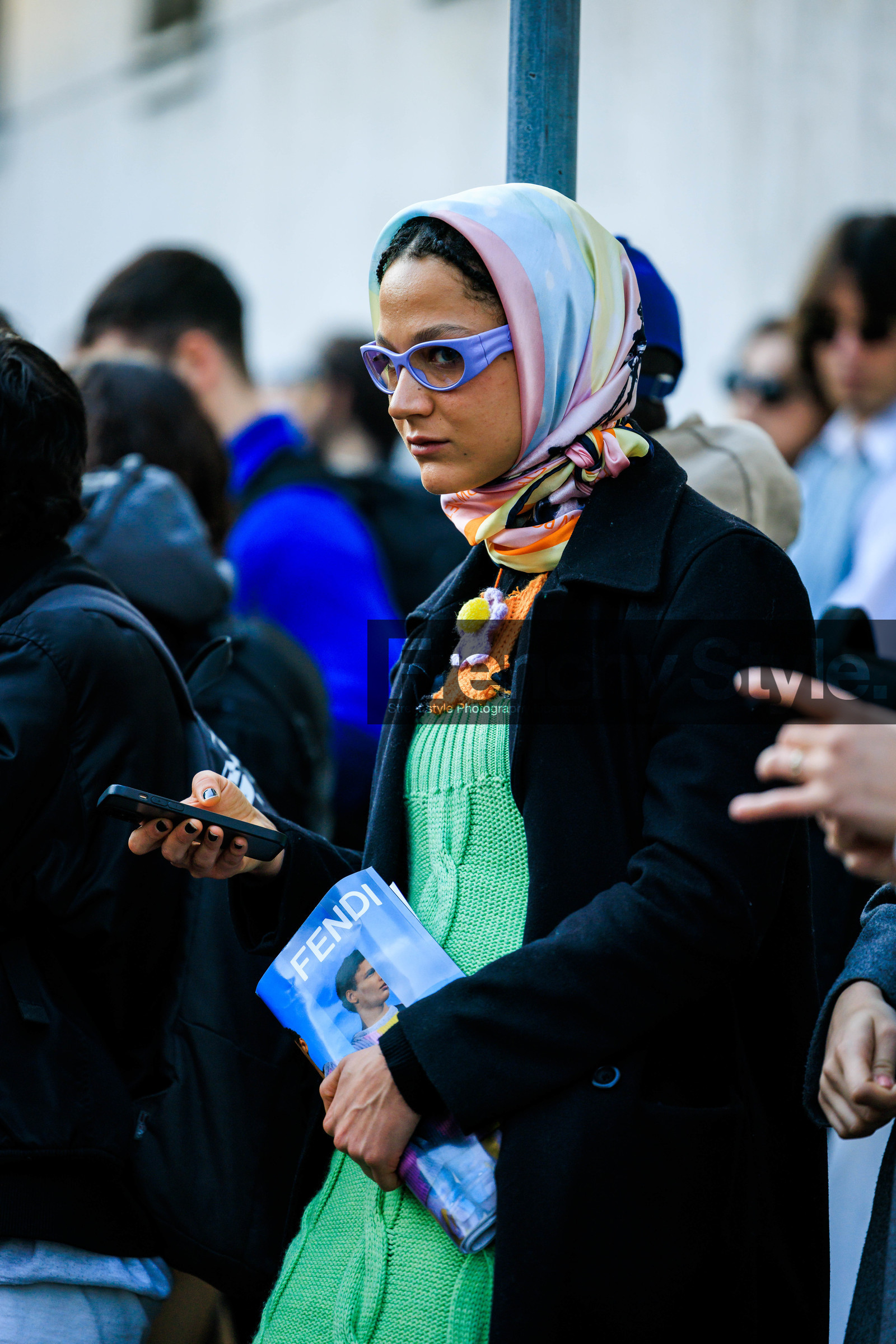 purple sunglasses, baboushka style, head scarf, multicolor scarf, knitted dress, green dress, knitted necklace, flower necklace, black coat, orange collar, fashion week, frenchystyle, FW, jonathan paciullo, street style, vertical, atmosphere details, detail