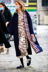 navy blue coat, red coat, checked coat, plaid coat, white coat, white dress, long dress, animal print dress, navy blue sneakers, covid face mask, PARIS, PFW, fashion week, frenchystyle, FW, jonathan paciullo, street style, SPRING SUMMER 2021, SS 21, vertical, full length