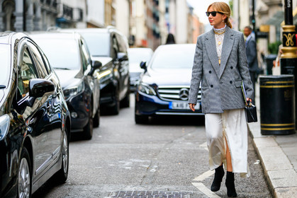 black bag, black shoes, blazer, crop top, grey jacket, high heels, houndstooth pattern, lace top, leather bag, leather shoes, lisa aiken, necklace, sunglasses, white skirt, white top, fashion week, frenchystyle, FW, jonathan paciullo, street style, LFW, LONDON, SPRING SUMMER 2019, SS 19, atmosphere details, horizontal, full length