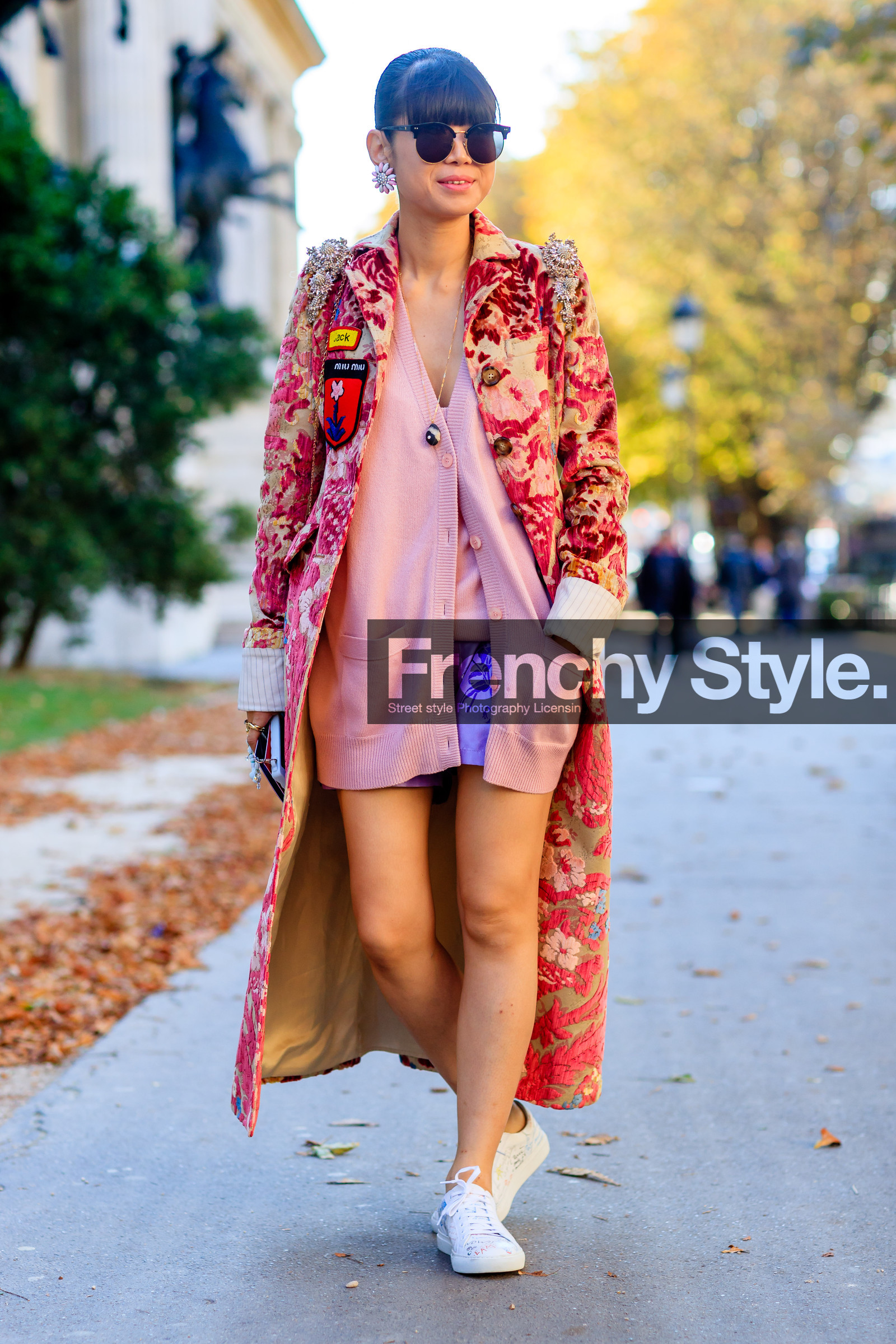 earrings, embroidered coat, fashion week, floral, flower, frenchystyle, full length, FW, jonathan paciullo, leaf greener, leather shoes, miu miu, PARIS, PFW, pink cardigan, printed coat, red coat, SPRING SUMMER 2017, SS 17, street style, sunglasses, vertical, white sneakers
