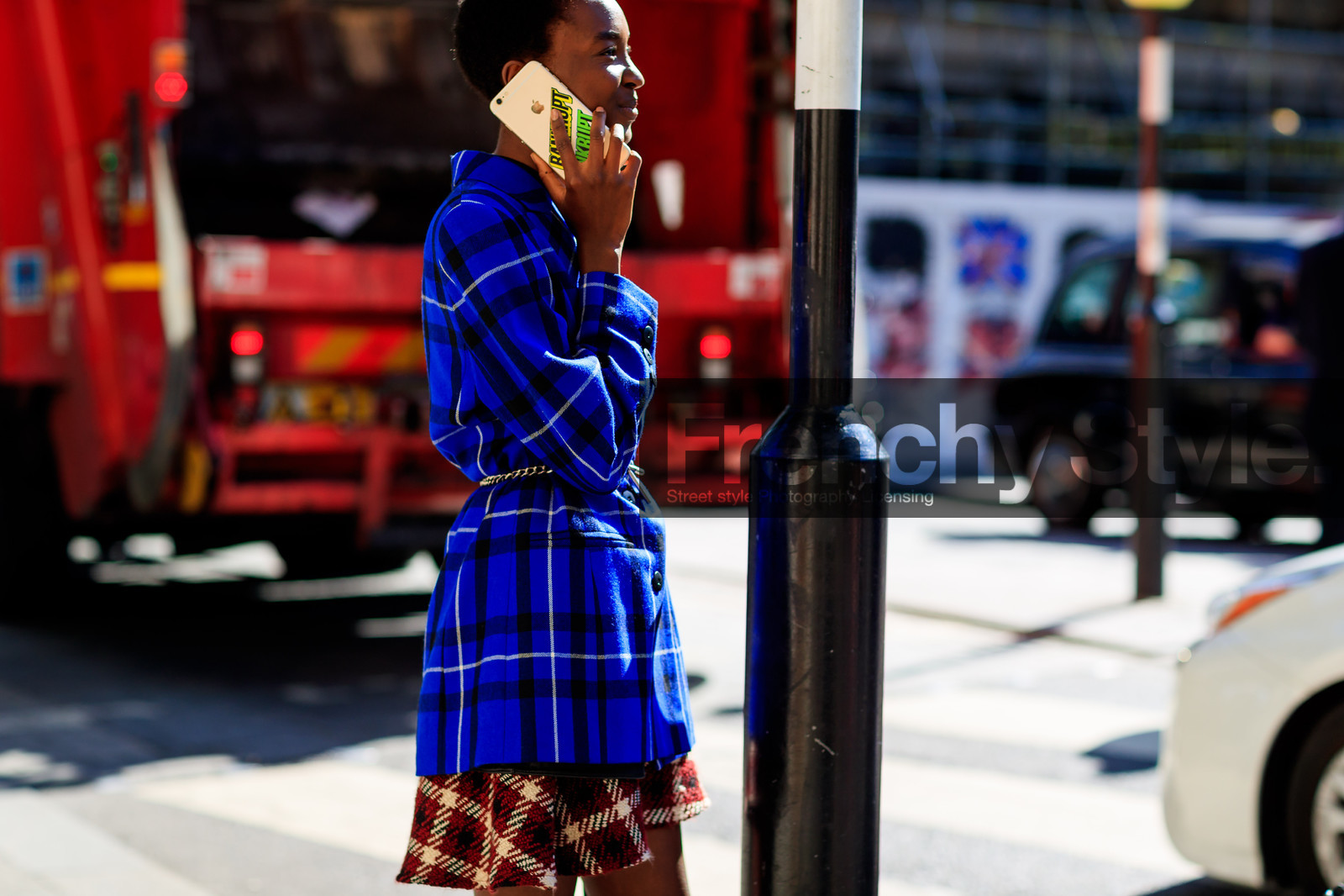 blazer, blue jacket, checked, graphic skirt, model, plaid, printed skirt, red skirt, tartan, fashion week, frenchystyle, FW, jonathan paciullo, street style, LFW, LONDON, SPRING SUMMER 2019, SS 19, atmosphere details, horizontal, detail
