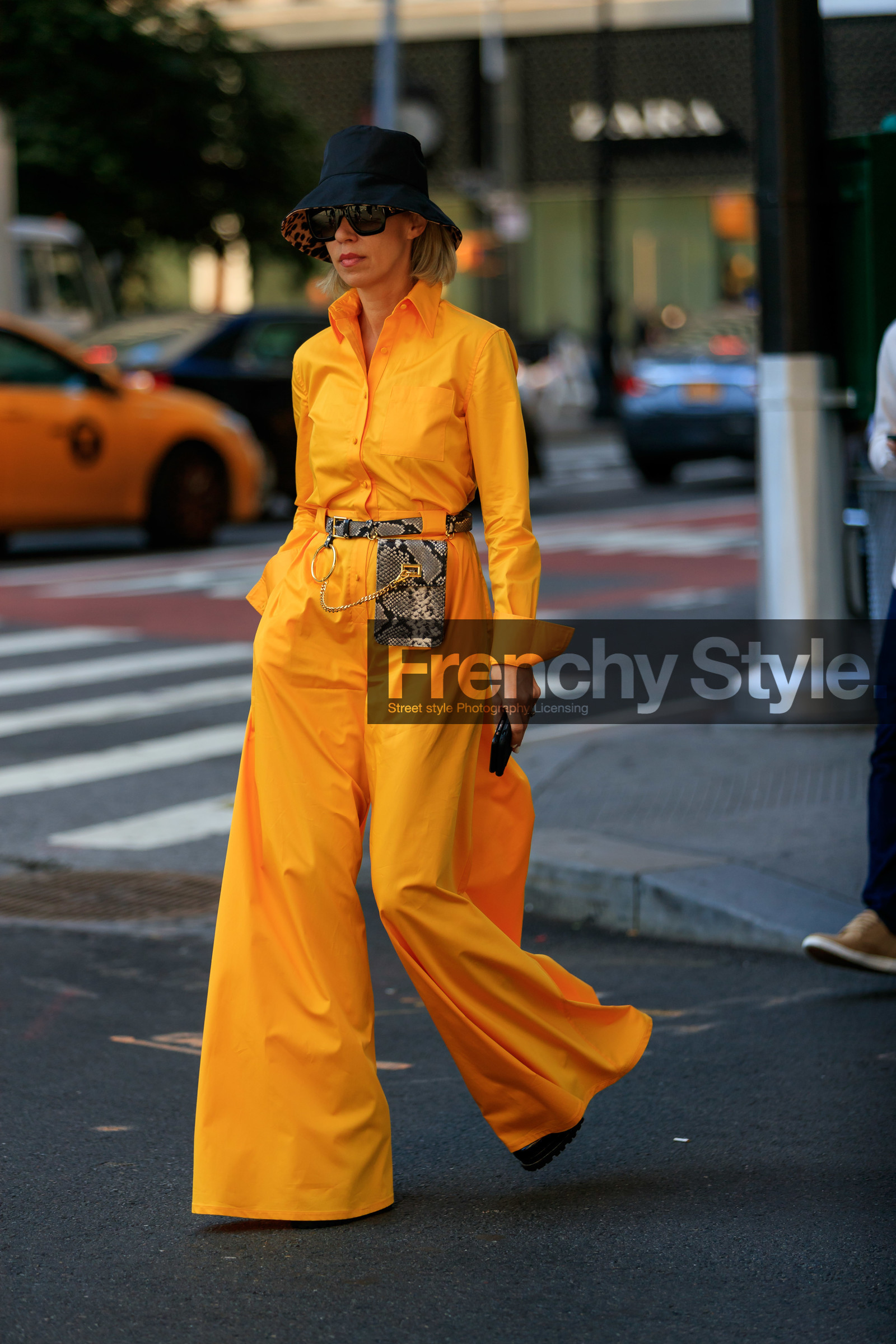 animal print, black hat, bucket hat, fanny pack, graphic bag, leather bag, orange jumpsuit, printed bag, snake print, sunglasses, trousers, yellow jumpsuit, fashion week, frenchystyle, FW, jonathan paciullo, street style, NEW YORK, NYFW, SPRING SUMMER 2020, SS 20, vertical, full length