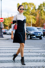 black boots, black dress, Chriselle Lim, fashion week, frenchystyle, full length, FW, high heels, jonathan paciullo, leather bag, leather shoes, off the shoulder, PARIS, PFW, red bag, SPRING SUMMER 2017, SS 17, street style, studded bag, sunglasses, vertical, white knit