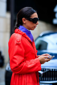 gabriella berdugo, red leather jacket, red leather coat, close up detail, dior sunglasses, black sunglasses, big sunglasses, square shape glasses, purple shirt, fashion week, frenchystyle, FW, jonathan paciullo, street style, PFW, PARIS, SPRING SUMMER 2021, SS 21, vertical, atmosphere details, detail