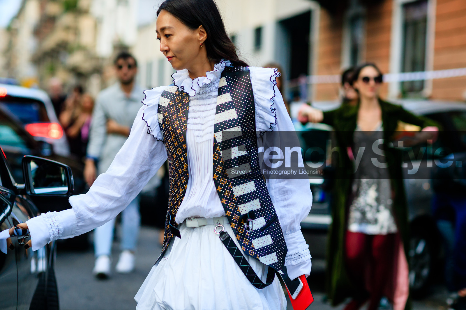 atmosphere details, detail, fashion week, frenchystyle, FW, graphic jacket, horizontal, jonathan paciullo, louis vuitton, MFW, MILAN, monogram, polka dot, printed jacket, shirt dress, sleeveless, SPRING SUMMER 2017, SS 17, street style, striped jacket, vest, white dress, white shirt