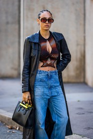 bag, baggy jean, black bag, black coat, blue jean, brown crop top, brown top, coat, crop top, cut out top, denim, gucci bag, Hera Pradel, jean, leather coat, orange top, printed crop top, printed top, sunglasses, street style, jonathan paciullo, FW, frenchystyle, fashion week, PFW, PARIS, SPRING SUMMER 2022, SS 22, vertical, atmosphere details