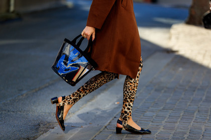 animal print, black bag, black shoes, brown coat, camille charriere, graphic pants, leather bag, leather shoes, leggings, leopard, prada, printed pants, transparent bag, trousers, fashion week, frenchystyle, FW, jonathan paciullo, street style, PFW, PARIS, AUTUMN WINTER 2019-2020, AW 19-20, FALL WINTER 2019-2020, FW 19-20, horizontal, atmosphere details, detail