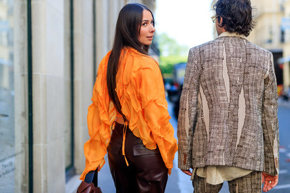 orange blouse, drape blouse, cropped blouse, silk blouse, burgundy leather pants, acne studios look, acne studios pants, acne studios blouse, acne studios jacket, monogrammed jacket, back details, beige jacket, printed jacket, logo all over, logo printed jacket, alice & j.s, alice barbier, JS roques, fashion week, frenchystyle, FW, jonathan paciullo, street style, PFW, PARIS, SPRING SUMMER 2022, SS 22, horizontal, atmosphere details, detail