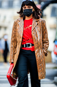 maria bernad, red top, red blouse, red leather bag, openwork blouse, openwork top, laced blouse, laced top, animal skin jacket, snake skin jacket, camel leather jacket, camel jacket, leather jacket, long jacket, belted blouse, belted top, black leather belt, cowboy belt, belt bag, prada bag, prada belt, mini bag, square shape bag, silvered chain strap bag, hand bag, hoop earrings, golden earrings, coperni bag, dark grey pants, striped pants, flare pants, covid face mask, fashion week, frenchystyle, FW, jonathan paciullo, street style, PFW, PARIS, SPRING SUMMER 2021, SS 21, vertical, full length