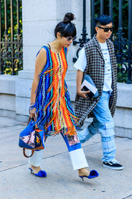 blue denim, blue shoes, declan chan, denim pants, fashion week, frenchystyle, fringes, full length, fur shoes, FW, graphic dress, high heels, jeans, jonathan paciullo, leather bag, leather shoes, loewe, mules, multicolor bag, multicolor dress, NEW YORK, NYFW, patchwork, printed bag, SPRING SUMMER 2018, SS 18, street style, sunglasses, susie lau, trousers, vertical