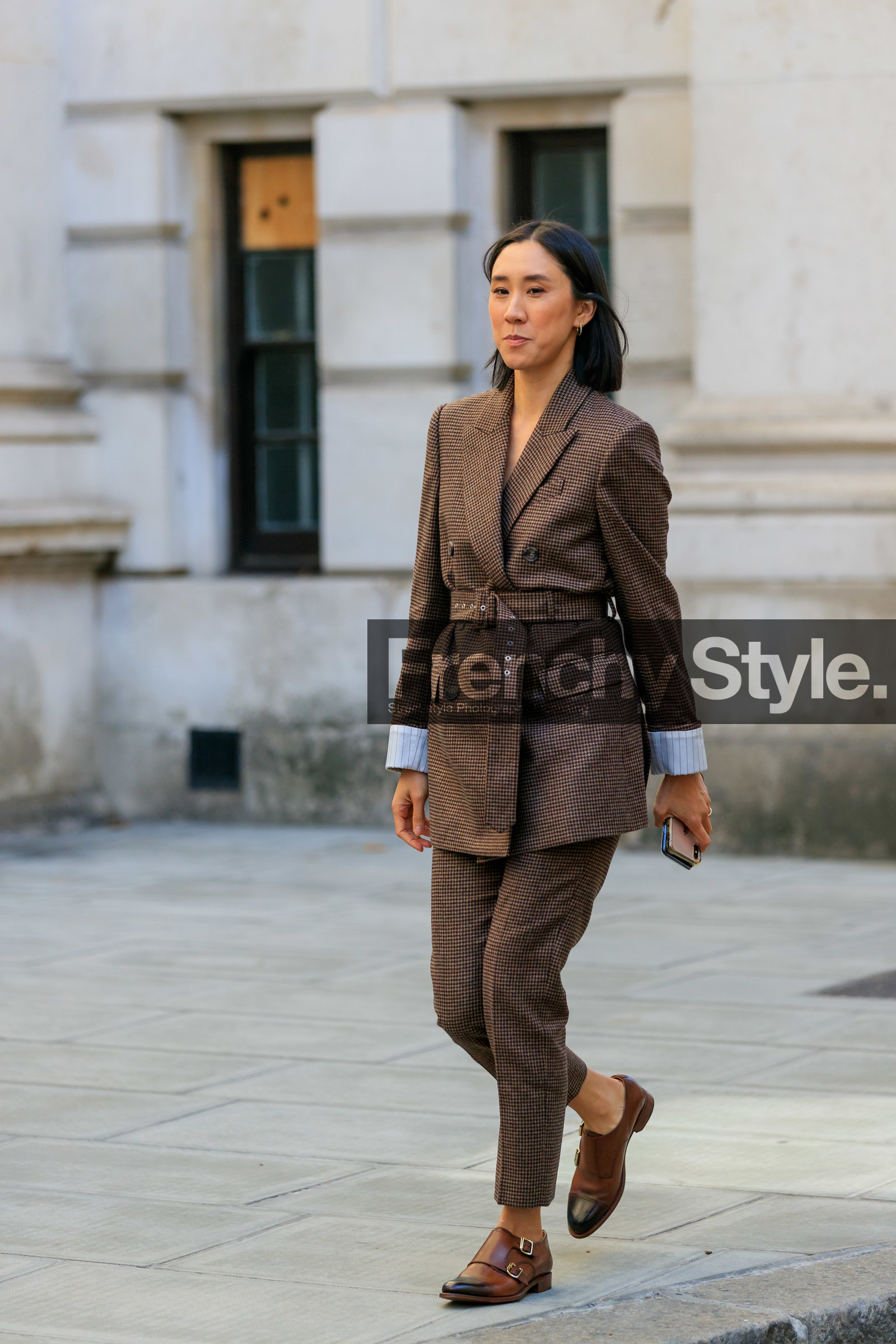 eva chen, brown checked jacket, checked jacket, checked pants, brown checked pants, belted jacket, tailored pants, brown leather loafers, fashion week, frenchystyle, FW, jonathan paciullo, street style, vertical, full length