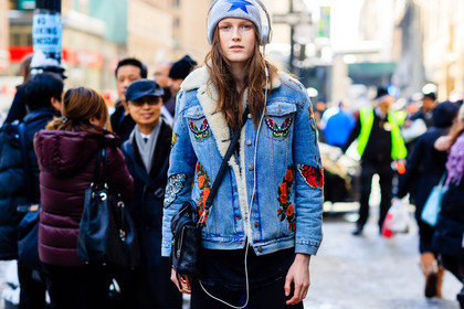 atmosphere details, AUTUMN WINTER 2017-2018, AW 17-18, black bag, blue denim, denim jacket, detail, embroidered jacket, FALL WINTER 2017-2018, fashion week, floral, flower, frenchystyle, FW, FW 17-18, grey beanie, headphones, horizontal, jonathan paciullo, leather bag, model, NEW YORK, NYFW, street style, trousers