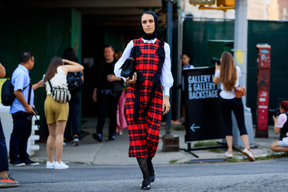 black bag, black ballerinas, black scarf, chanel handbag, checked, graphic dress, headscarf, leather bag, leather shoes, plaid, printed dress, red dress, tartan, tights, white shirt, fashion week, frenchystyle, FW, jonathan paciullo, street style, NYFW, NEW YORK, SPRING SUMMER 2019, SS 19, atmosphere details, horizontal, full length