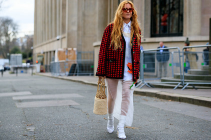 blanca miro scrimieri, red sunglasses, red jacket, black jacket, black cardigan, red cardigan, checked cardigan, white dress, lace dress, floral embroidered dress, long dress, sheer dress, white socks, white leather sandals, hand bag, straw bag, basket bag, light beige bag, golden bag, plaited bag, sequins cardigan, sequins jacket, futurist shape sunglasses, fashion week, frenchystyle, FW, jonathan paciullo, street style, PFW, PARIS, horizontal, atmosphere details, full length