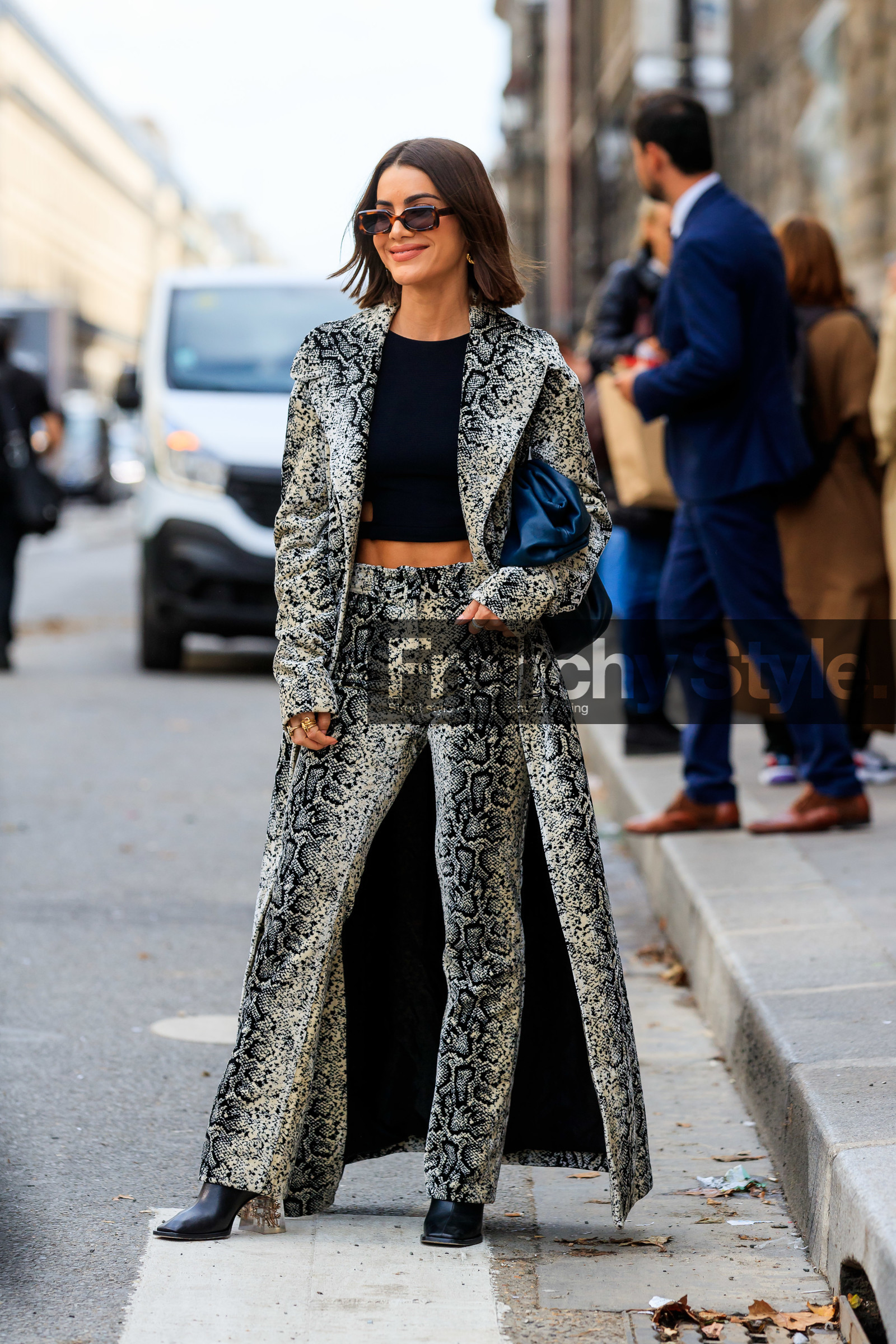 camila coelho, animal print coat, animal print jacket, animal print pants, black top, cropped top, openwork top, black leather clutch, bottega veneta bag, scale sunglasses, black leather boots, plastic heels, sheer heels, PARIS, PFW, SPRING SUMMER 2020, SS 20, fashion week, frenchystyle, FW, jonathan paciullo, street style, vertical, full length