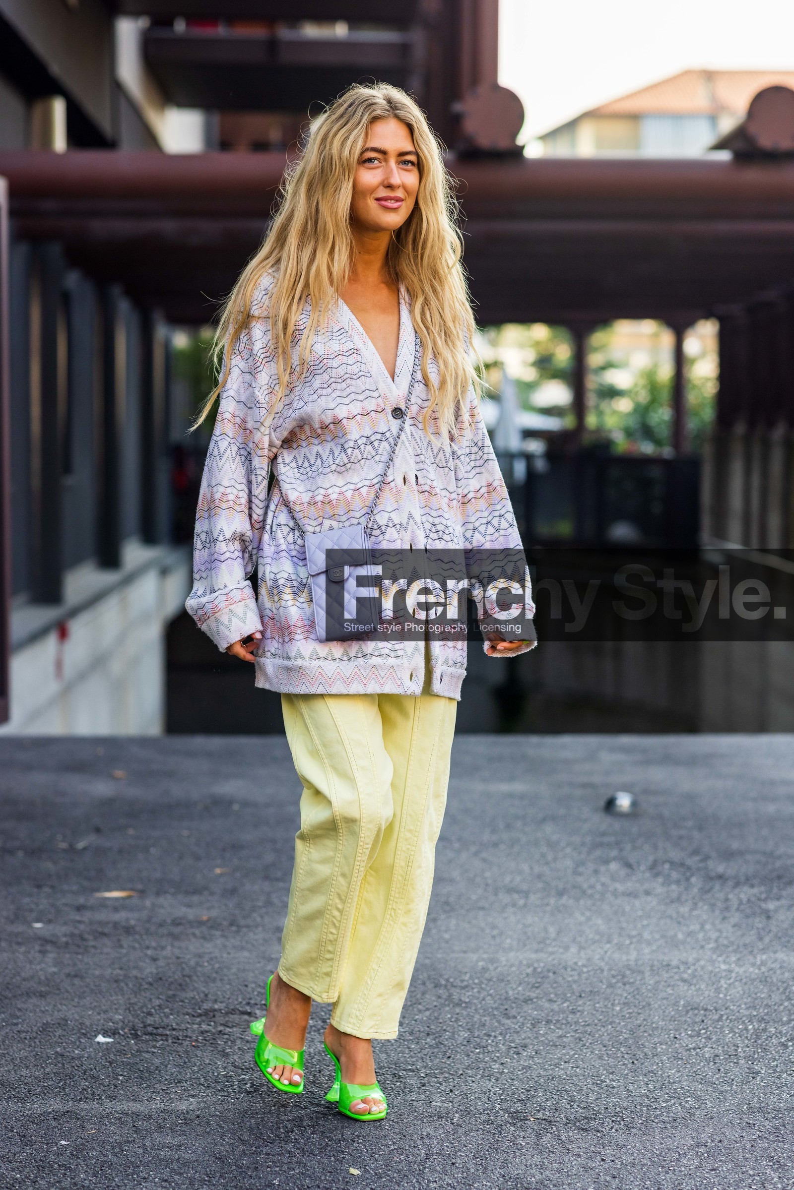 chanel bag, denim, Emili Sindlev, fluo green, green shoes, lila bag, lila cardigan, missoni knit, mules, oversize pants, pastel, printed cardigan, quilted bag, yellow pants, fashion week, frenchystyle, FW, jonathan paciullo, street style, MFW, MILAN, SPRING SUMMER 2022, SS 22, vertical, full length