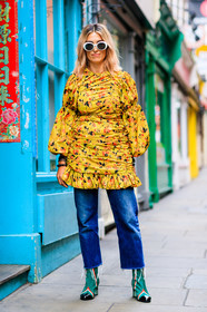 blue denim, denim pants, fashion week, floral, flowers, frenchystyle, full length, fun sunglasses, FW, graphic dress, graphic shoes, green boots, high heels, jeans, jonathan paciullo, leather shoes, LFW, LONDON, printed dress, SPRING SUMMER 2018, SS 18, street style, striped shoes, trousers, vertical, yellow dress