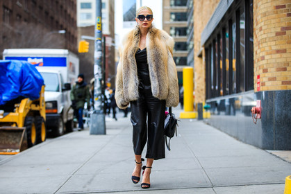 atmosphere details, AUTUMN WINTER 2016-2017, AW 16-17, black bag, black jumpsuit, black shoes, brown fur, caroline vreeland, fashion week, frenchystyle, full length, fur coat, fur jacket, FW, FW 16-17, high heels, horizontal, jonathan paciullo, leather bag, leather jumpsuit, leather shoes, natural fur, NEW YORK, NYFW, street style, sunglasses, woman