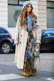 beret, blue dress, floral, flowers, graphic bag, graphic dress, graphic jacket, grey hat, leather bag, multicolor jacket, printed bag, printed dress, printed jacket, white coat, fashion week, frenchystyle, FW, jonathan paciullo, street style, PFW, PARIS, AUTUMN WINTER 2019-2020, AW 19-20, FALL WINTER 2019-2020, FW 19-20, vertical, full length