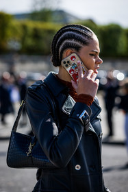 bag, black bag, black jacket, braid, croco bag, hairstyle, leather bag, leather jacket, leather perfecto, saint laurent bag, smartphone, ysl bag, street style, jonathan paciullo, FW, frenchystyle, fashion week, PFW, PARIS, SPRING SUMMER 2022, SS 22, vertical, atmosphere details