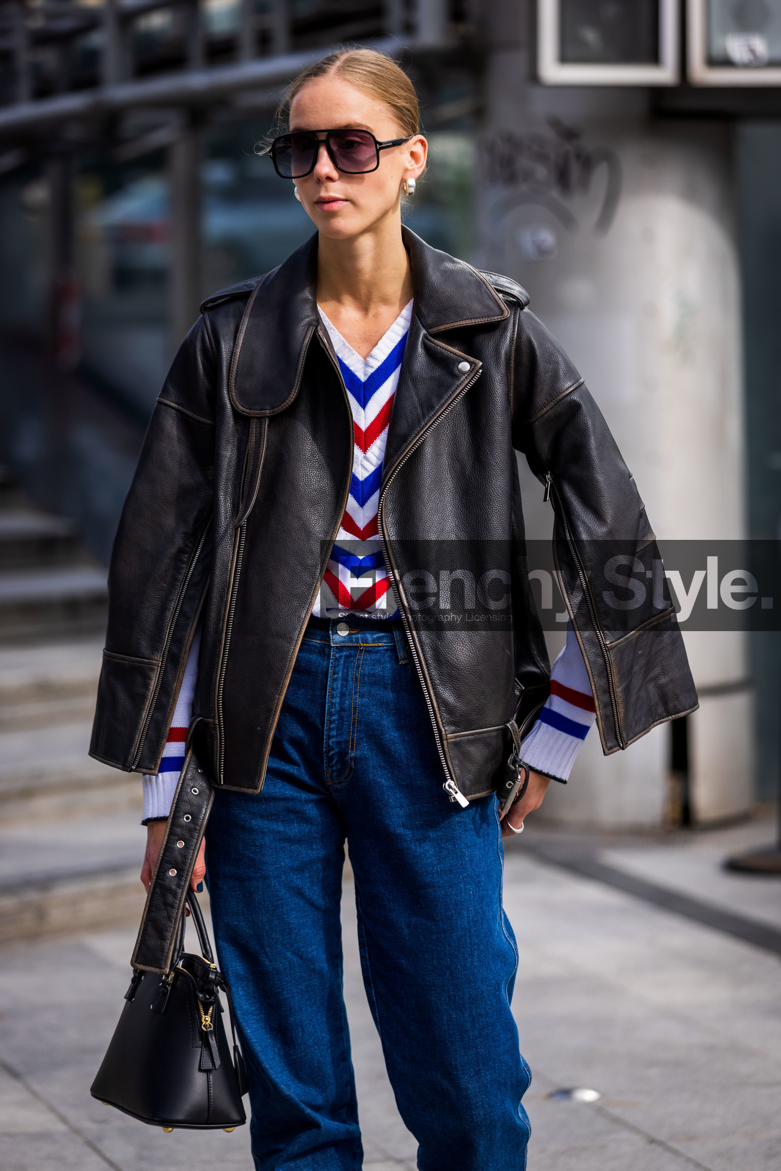 aviator sunglasses, bag, black bag, black jacket, blue denim, blue jean, denim, Hilda Sandstrom, jacket, jean, knitwear, leather jacket, printed knitwear, sunglasses, white knitwear, fashion week, frenchystyle, FW, jonathan paciullo, street style, PFW, PARIS, SPRING SUMMER 2022, SS 22, vertical, atmosphere details