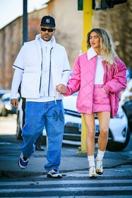 yankees cap, black cap, black sunglasses, white vest, white baseball shirt, white secondskin, classic denim, jeans, white sneakers, mini skirt, pink skirt, pink jacket, puffed jacket, puffes skirt, white tshirt, white socks, golden shoes, emili sindlev, fashion week, frenchystyle, FW, jonathan paciullo, street style, vertical, full length