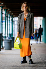 black shoes, brown jacket, checked, graphic jacket, leather bag, leather shoes, necklace, orange dress, plaid, printed jacket, yellow bag, street style, jonathan paciullo, FW, frenchystyle, fashion week, NYFW, NEW YORK, SPRING SUMMER 2019, SS 19, vertical, full length