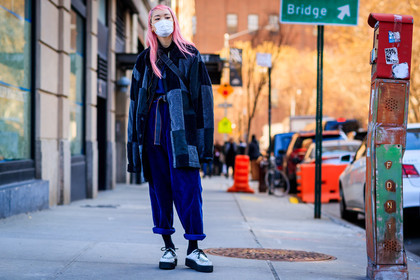 black jacket, blue pants, checked, corduroy, dyed hair, leather jacket, leather shoes, patchwork, pink hair, plaid, shiny shoes, silver shoes, trousers, street style, jonathan paciullo, FW, frenchystyle, fashion week, NYFW, NEW YORK, AUTUMN WINTER 2018-2019, AW 18-19, FALL WINTER 2018-2019, FW 18-19, atmosphere details, horizontal, full length, model, Fernanda Hin Lin Ly