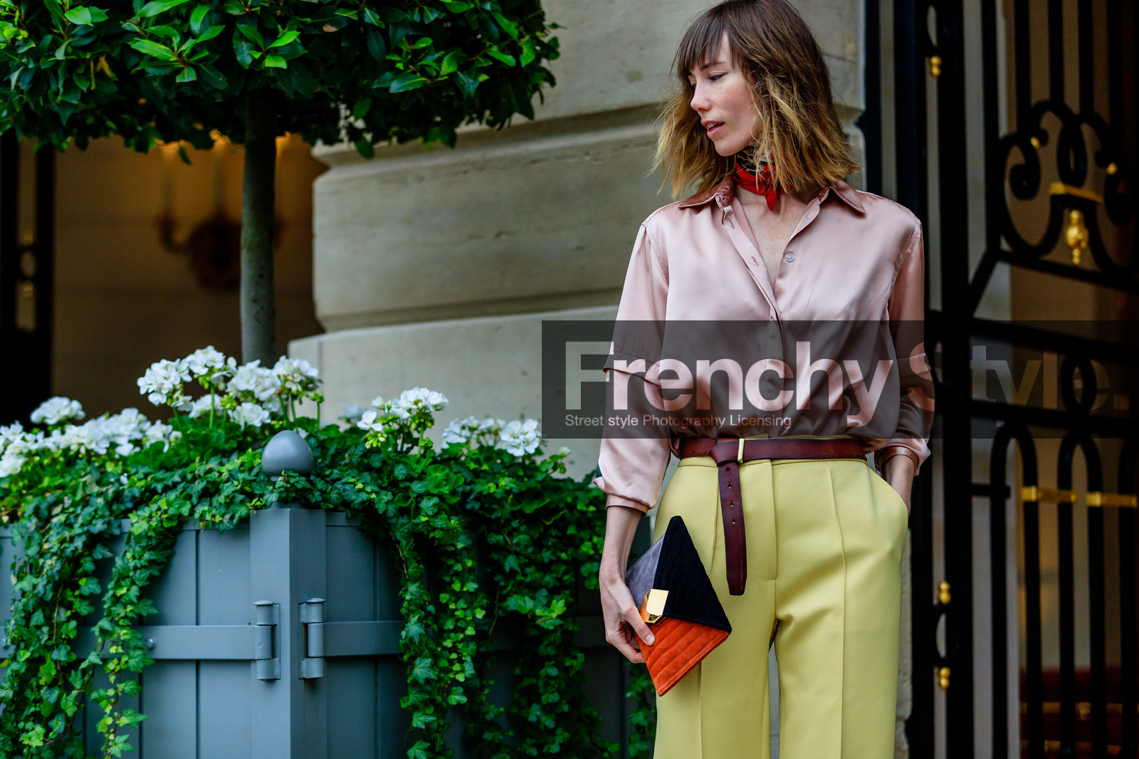 anya ziourova, atmosphere details, AUTUMN WINTER 2016-2017, AW 16-17, brown belt, detail, dyed hair, FALL WINTER 2016-2017, fashion week, frenchystyle, FW, FW 16-17, graphic clutch, HAUTE COUTURE, horizontal, jonathan paciullo, leather belt, leather clutch, MENSWEAR, multicolor bag, PARIS, PFW, pink shirt, red scarf, silk shirt, street style, tied up belt, trousers, tucked in, yellow pants