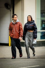 prada linea rosa black bomber jacket, grey leather wideleg pants, black and white boots, corail leather jacket, grey hoodie, flared black pants, red washed out derbies, transparent handbag, transparent acnestudios handbag, alice barbier, JS roques, fashion week, frenchystyle, FW, jonathan paciullo, street style, NYFW, NEW YORK, AUTUMN WINTER 2022-2023, FALL WINTER 2022_2023, FW 22-23, vertical, full length