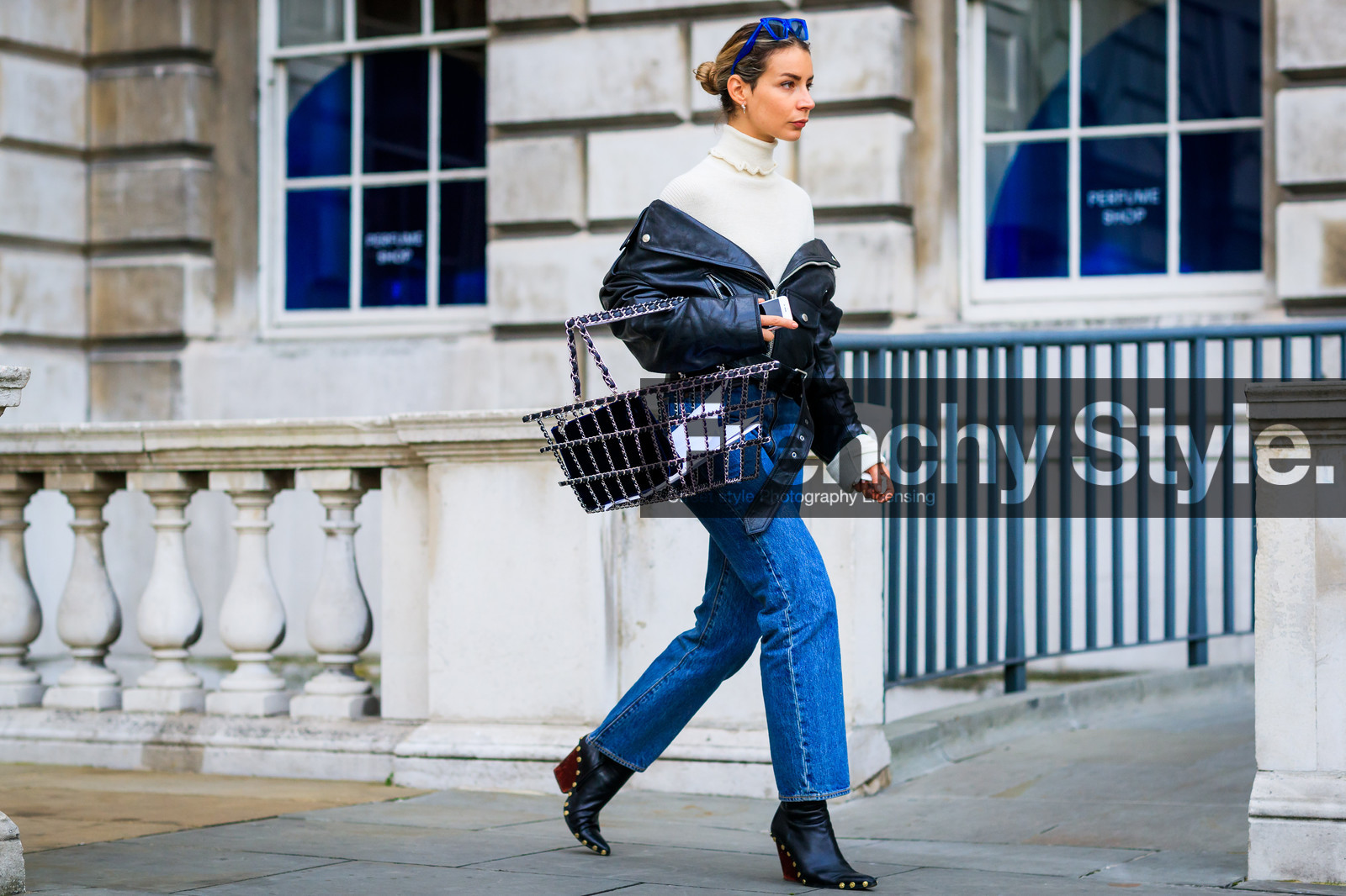 atmosphere details, basket, beige sweater, black jacket, black perfecto, black shoes, blazer, blue denim, chanel, céline, denim pants, fashion week, frenchystyle, full length, FW, graphic bag, high heels, horizontal, irina lakicevic, jeans, jonathan paciullo, leather jacket, leather perfecto, leather shoes, LFW, LONDON, off the shoulder, SPRING SUMMER 2018, SS 18, street style, trousers