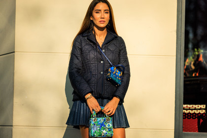 mini lady dior, dior bag, printed bag, blue bag, pleated skirt, mini skirt, dior jacket, navy blue jacket, blue skirt, crossbody baf, mini bag, crossbody bag, fashion week, frenchystyle, FW, jonathan paciullo, street style, PARIS, PFW, SPRING SUMMER 2022, SS 22, atmosphere details, detail, horizontal, tamara kalinic