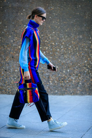 novesta sneakers, light blue sneakers, black pants, cropped pants, multicolor bag, multicolor dress, celine sunglasses, woolen dress, woolen bag, turtleneck dress, sleeveless dress, fringe dress, fashion week, frenchystyle, FW, jonathan paciullo, street style, vertical, full length