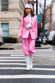 blazer, fanny pack, ha, high boots, high heels, leather bag, leather shoes, pink jacket, pink pants, pink suit, trousers, white, white bag, white hat, white shoes, white top, frenchystyle, jonathan paciullo, street style, NYFW, NEW YORK, AUTUMN WINTER 2019-2020, AW 19-20, FALL WINTER 2019-2020, FW 19-20, fashion week, FW, vertical, full length