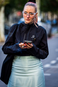 bag, black bag, black jacket, blue skirt, earrings, glasses, hoops, jacket, nail art, nylon jacket, pony tail, satin skirt, silver earrings, skirt, sport jacket, tote bag, transparent glasses, fashion week, frenchystyle, FW, jonathan paciullo, street style, PFW, PARIS, SPRING SUMMER 2022, SS 22, vertical, atmosphere details