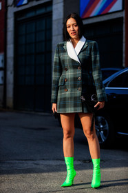 balenciaga, black bag, checked, graphic jacket, green boots, green jacket, high heels, leather bag, leather shoes, plaid, printed jacket, tartan, fashion week, frenchystyle, FW, jonathan paciullo, street style, MFW, MILAN, AUTUMN WINTER 2018-2019, FALL WINTER 2018-2019, FW 18-19, vertical, full length, Tiffany Hsu