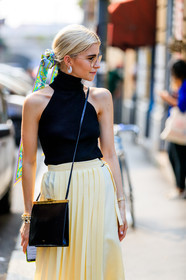 black bag, black top, blue scarf, caro daur, earrings, headscarf, leather bag, pleated skirt, sunglasses, yellow skirt, fashion week, frenchystyle, FW, jonathan paciullo, street style, MFW, MILAN, SPRING SUMMER 2019, SS 19, vertical, atmosphere details, detail