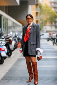 bettina looney, grey jacket, square shape glasses, scale sunglasses, red scarf, printed scarf, silk scarf, hermes scarf, checked jacket, mini skirt, black skirt, tweed skirt, hand bag, brown leather bag, mini bag, high boots, jimmy choo boots, brown leather boots, animal skin boots, hoop earrings, fashion week, frenchystyle, FW, jonathan paciullo, street style, MFW, MILAN, SPRING SUMMER 2020, SS 20