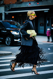 long black ruffles dress, puffy pistachio bag, puffy green pouch, black heeled sandals, green sunglasses, full black look, leonie hanne, fashion week, frenchystyle, FW, jonathan paciullo, street style, NYFW, NEW YORK, AUTUMN WINTER 2022-2023, FALL WINTER 2022_2023, FW 22-23, vertical, full length