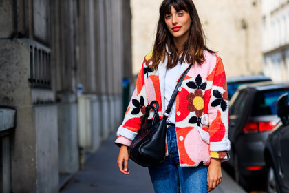 atmosphere details, black bag, blue denim, denim pants, detail, fashion week, floral, flowers, frenchystyle, FW, graphic jacket, horizontal, jeans, jonathan paciullo, leather bag, louise follain, PARIS, PFW, printed jacket, red jacket, SPRING SUMMER 2018, SS 18, street style, trousers, white t shirt