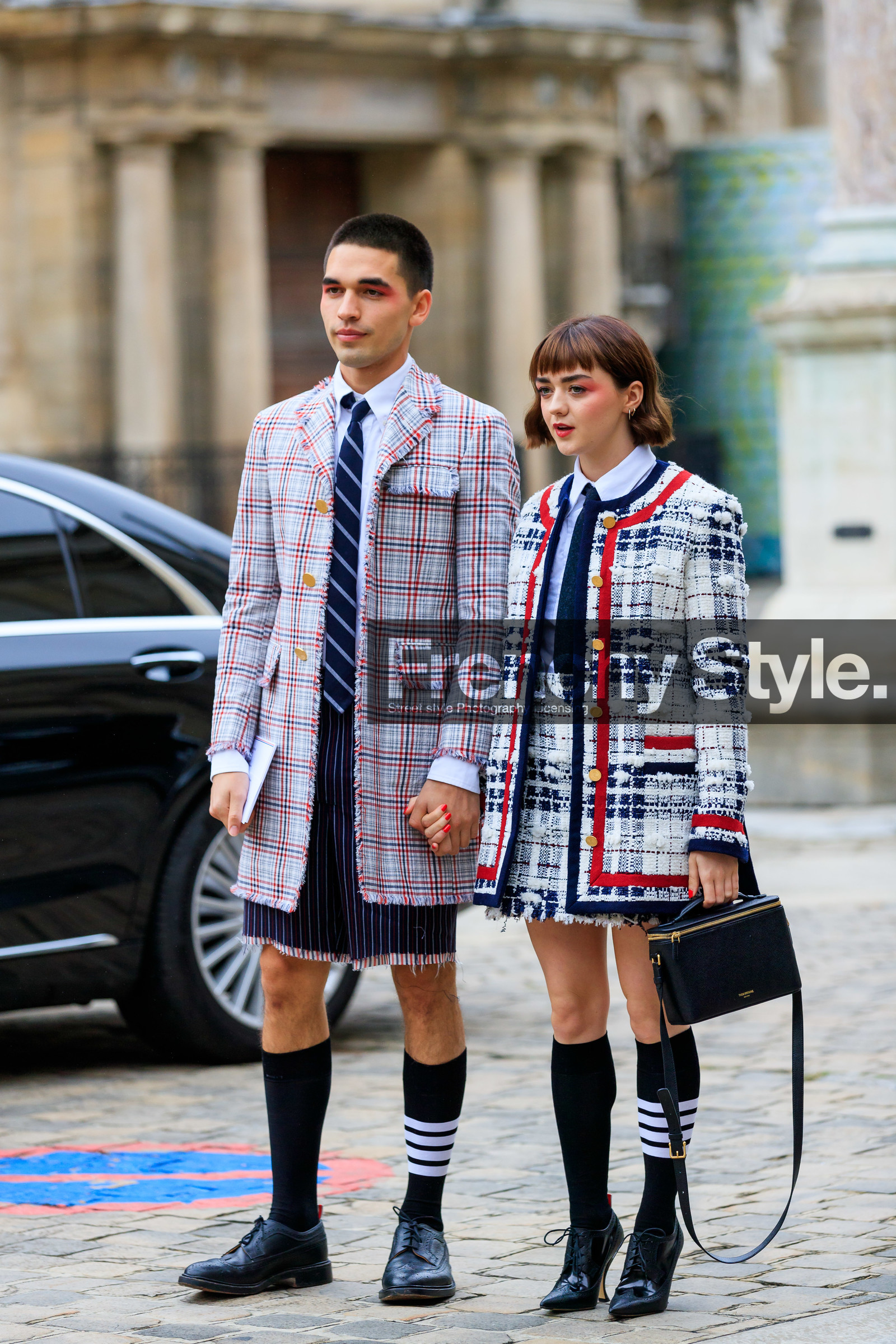 thom browne bag, thom browne coat, thom browne jacket, thom browne look, thom browne skirt, thom browne shoes, thom browne shorts, thom browne shirt, thom browne socks, used jacket, used shorts, navy blue coat, navy blue tie, navy blue shorts, checked jacket, checked coat, striped tie, striped socks, striped shorts, white shirt, black leather derbie, black leather shoes, red jacket, red coat, white jacket, white coat, white skirt, black leather bag, box bag, hand bag, tweed jacket, tweed skirt, black socks, make up, make up details, eyeshadows, red eyeshadow, fashion week, frenchystyle, FW, jonathan paciullo, street style, PFW, PARIS, SPRING SUMMER 2020, SS 20, horizontal, full length