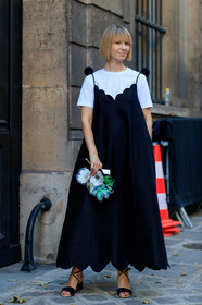 black and white, black clutch, black dress, black shoes, floral, flowers, graphic bag, green bag, leather bag, leather shoes, printed bag, valentino, white t shirt, PFW, fashion week, frenchystyle, FW, jonathan paciullo, street style, PARIS, vertical, full length, AUTUMN WINTER 2018-2019, FALL WINTER 2018-2019, FW 18-19, vika gazinskaya