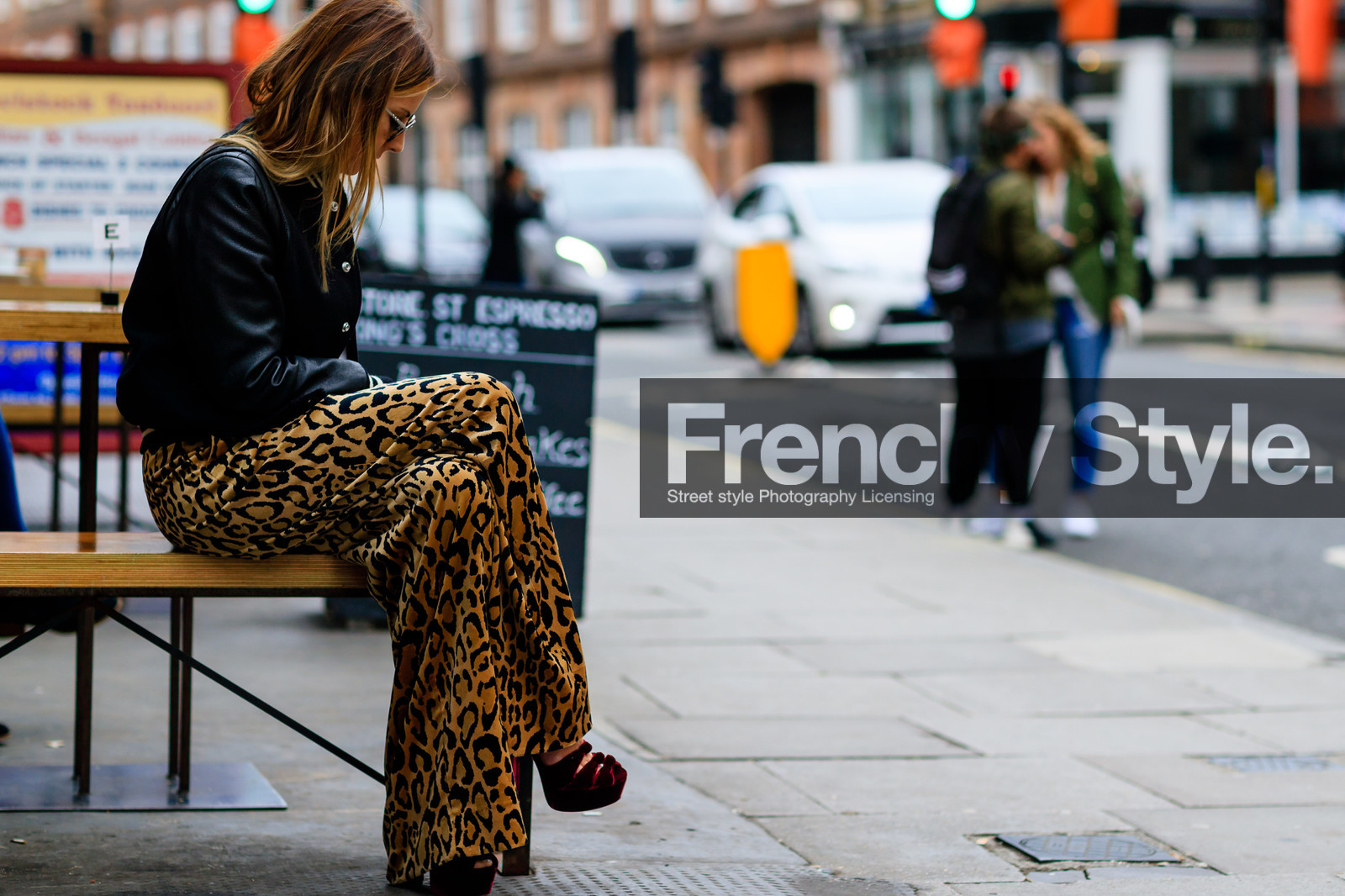 animal print, atmosphere details, black jacket, detail, fashion week, frenchystyle, FW, high heels, horizontal, jonathan paciullo, leather jacket, leather shoes, leopard print, LFW, LONDON, red shoes, SPRING SUMMER 2017, SS 17, street style, teddy jacket, trousers, velvet, woman